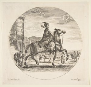 Polsk rytter i profil mot høyre, et tårn og andre figurer på hester i bakgr..., ca. 1651. av Stefano della Bella