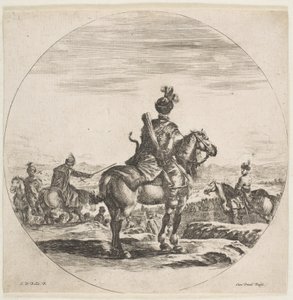 Polsk rytter med pil og bue, sett bakfra med hesten mot høyre, en ..., ca. 1651. av Stefano della Bella