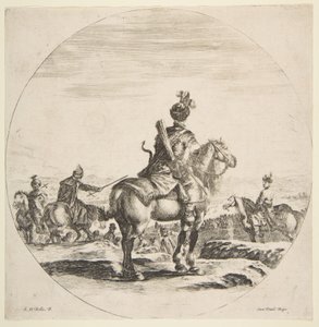 Polsk rytter med pil og bue, sett bakfra med hesten mot høyre, en ..., ca. 1651. av Stefano della Bella