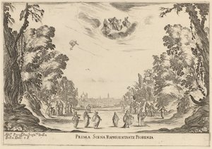 Første scene Reprezentanta Firenze, 1637. av Stefano della Bella