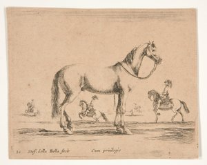Rytterløs hest, med ryttere som driver dressur i bakgrunnen av Stefano della Bella