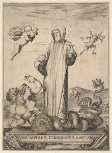 Saint Jean Gualbert tråkker et monster med to menneskehoder og en slangekropp, en flyi..., 1640. av Stefano della Bella