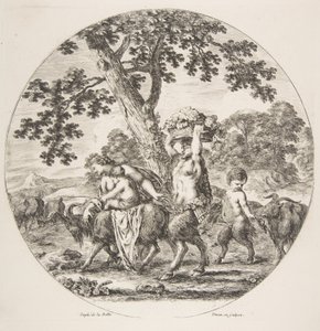 Satyrfamilien går mot venstre med to geiter og en kurv med druer, ca. 1657. av Stefano della Bella