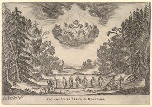 Andre scene, i Dianas skog, fra gudenes ekteskap Le nozze degli Dei, 1637. av Stefano della Bella