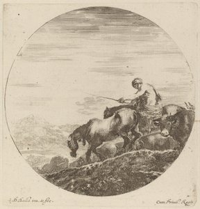 Hyrde på en hest som driver en flokk med forskjellige dyr. av Stefano della Bella
