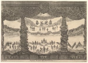 Sjette scene, himlene, fra gudenes ekteskap Le nozze degli Dei, 1637. av Stefano della Bella