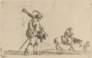 Soldat holder en fugl ved føttene. av Stefano della Bella