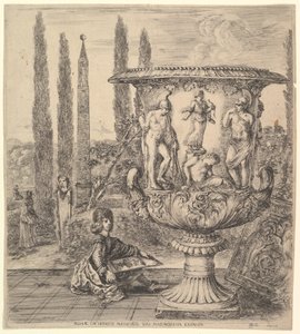 Medici-vasen, en stor vase til høyre dekorert med en representasjon av offeret til..., 1656. av Stefano della Bella