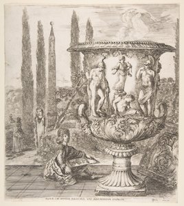 Medici-vasen, en stor vase til høyre dekorert med en representasjon av offeret til..., 1656. av Stefano della Bella