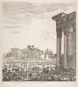 Søylene til Antoninus-tempelet til høyre, en del av Campo Vaccino i sentrum og..., 1656. av Stefano della Bella