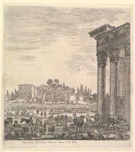 Søylene til Antoninus-tempelet til høyre, en del av Campo Vaccino i sentrum og..., 1656. av Stefano della Bella