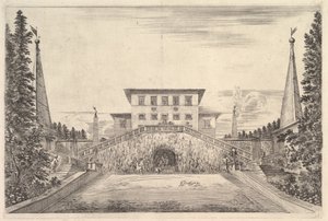 Villaen i midten flankert av fire obelisker, en trapp til hver side, en statue i ..., ca. 1653. av Stefano della Bella