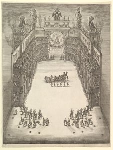 Teater i Modena, sett ovenfra og fylt med tilskuere, med en triumfbil på c..., 1652. av Stefano della Bella