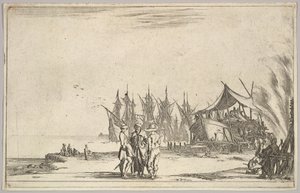 Tre menn med hatter som står i midten, menn som fester et skip til høyre, fem skip og vari..., 1639. av Stefano della Bella