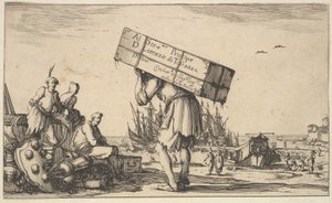 Tittelside: en mann som bærer en sak på ryggen i midten, tre menn ser mot ham på ..., 1639. av Stefano della Bella