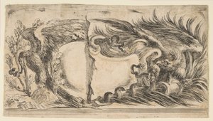 To forskjellige halvdeler av kartusjer som hver viser en ørn som kjemper mot en slange, 1646. av Stefano della Bella