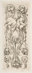 To motstående kamelhoder med kropper som avsluttes i ornament, ca. 1653. av Stefano della Bella