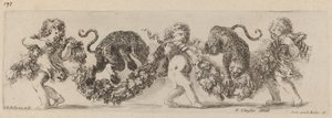 To leoparder som hopper en festong støttet av barn, sannsynligvis 1648. av Stefano della Bella