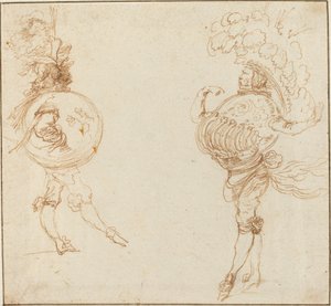 To menn i maskeradekostymer: Jorden og en paradehjelm, ca. 1645. av Stefano della Bella