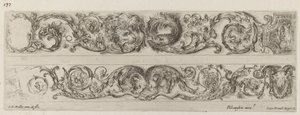 To dekorative bånd med motstående hoder av løve og ørn, og to værer, sannsynligvis 1648. av Stefano della Bella