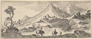 To ryttere går ned en bakke i sentrum, følger en annen mann til fots, et slott i ..., ca. 1641. av Stefano della Bella