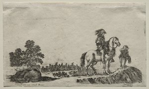 Ulike figurer og landskap: A Lost Horseman Inquiring the Way, 1649. av Stefano della Bella