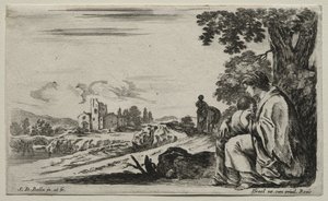 Ulike figurer og landskap: En fattig sykepleier sitter under et tre, 1649. av Stefano della Bella