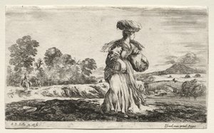 Ulike figurer og landskap: Bondekvinne som bærer en kurv på hodet, 1649. av Stefano della Bella