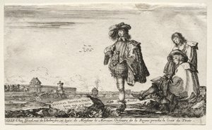 Ulike figurer og landskap: Tittelside - Tre figurer av Stefano della Bella