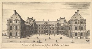 Utsikt og perspektiv på innsiden av Palais dOrleans, fra forskjellige utsikter over rema..., 1649-51. av Stefano della Bella