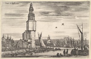 Utsikt over Amsterdam Vue dAmsterdam, et tårn og hus til venstre, menn som står på brygga ..., 1647. av Stefano della Bella