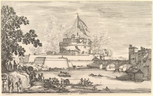 Utsikt over Tiber-elven, et stort tre til venstre, to grupper kvinner til venstre i forgrunnen..., ca. 1656. av Stefano della Bella