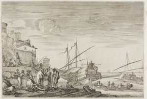 Utsikt over havnen i Livorno: Hus med utsikt over en havn av Stefano della Bella