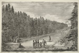 Utsikt over villaen Pratolino: Fontenenes promenade. av Stefano della Bella