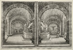 Utsikt over villaen Pratolino: To utsikter over grotten. av Stefano della Bella