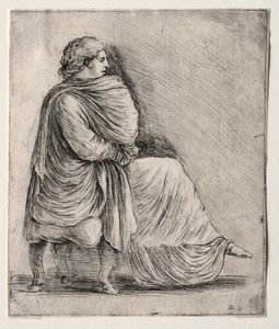 Kvinne sitter på en krakk, ca. 1620-1630-årene. av Stefano della Bella