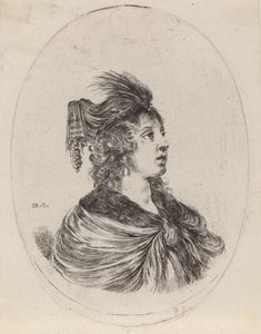 Kvinne i en fjærkledd turban, vendt mot høyre, 16491650.
