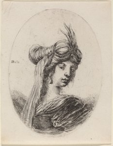 Kvinne i en fjærkledd turban med slør, vendt mot høyre, 16491650. av Stefano della Bella