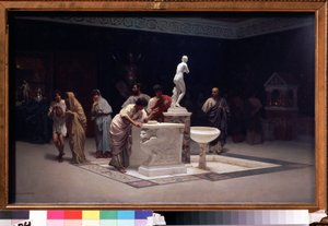 Dans le foyer des Maecena (Caius Cilnius Maecenas (ou Mecene) (vers 70 før JC-8 før JC) (I Maecenas' foajé). Maleri av Stepan Vladislavovich Bakalovich (1857-1947). Huile sur toile, 45 x 72,7 cm