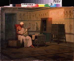 Egyptisk prest leser en papyrusrulle. Maleri av Stepan Vladislavovich Bakalovich (1857-1947). Olje på lerret, 37 x 50 cm, etter 1903. Russisk kunst, slutten av 1800-tallet tidlig 1900-tallet. Statens kunstmuseum, Irkutsk (Russland