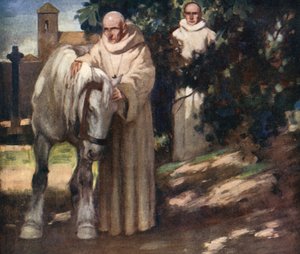 Saint Columba og den hvite hesten (farge litho) av Stephen Reid