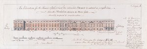 Design for husene på begge sider av den tiltenkte gaten for å strekke seg i en høyre linje fra Mansion-House til More-Gate ydmykt foreslått til vurdering, 1762 (wc over penn og grafitt på lagt papir) av Stephen Riou
