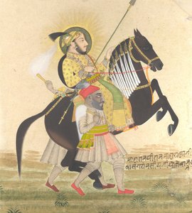 Maharana Sangram Singh rir på en premiehingst, ca. 1712. av Stipple Master