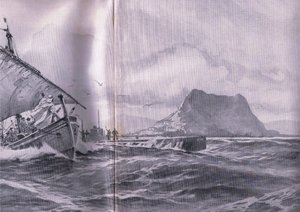 Tysk ubåt som reiser gjennom Gibralterstredet på vei til Dardenellene, fra puben The Illustrated History of the World War 1914-1915. av Union Berlagsefellfchaft
