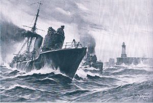 Patruljebåter og minesveipere som seiler ut av havnen i Zeebrugge, fra puben The Illustrated History of the World War 1914-1915. av Union Berlagsefellfchaft