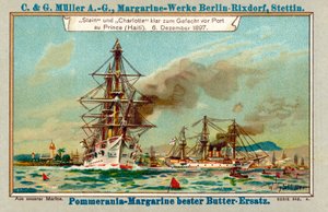 De tyske krigsskipene Stein og Charlotte i Port au Prince Harbour, Haiti, under Luders-affæren, 6. desember 1897 (chromolitho)
