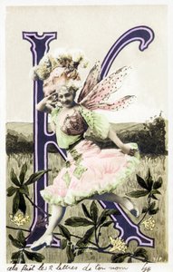 K : Juliette Mealy , sanger og kabaretdanser fra la Belle Epoque - skaper av sangen "Frou Frou" i 1897 - Alfabet på postkort
