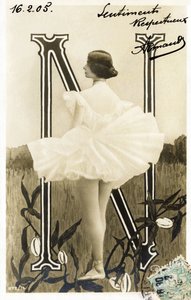 N : Cleopatre Diane de Merode, kalt Cleo de Merode , danser fra la Belle Epoque, utdannet ved Opera de Paris - Theatre des Folies Bergere , Paris - Alfabet på postkort