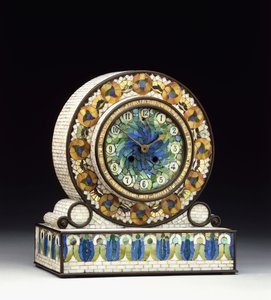 En bronsemontert mosaikk Favrile glass mantelklokke, 1900-tallet (bronse, mosaikk, Favrile glass)