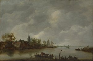 River View med en landsbykirke. av Style of Jan van Goyen